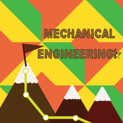 Poster - Word writing text Mechanical Engineering. Business photo showcasing Concerned with industrial application of mechanics Three Mountains with Hiking Trail and White Snowy Top with Flag on One Peak