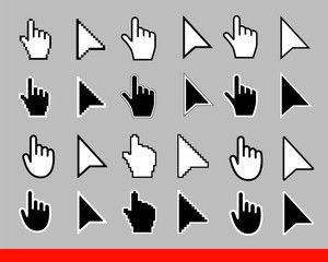 Leinwandbilder - 24 White arrow and pointer hand cursor icon set. Pixel and modern version of cursors signs. Symbols of direction and touch the links and press buttons Isolated on gray background vector illustration.