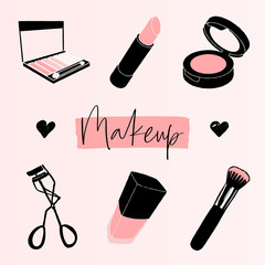 Wall Mural - Makeup banner with cosmetics, template for makeup artist. Hand drawn vector illustration