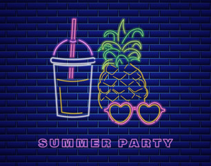 Wall Mural - Neon pineapple cocktail Vector. Summer party banner posters