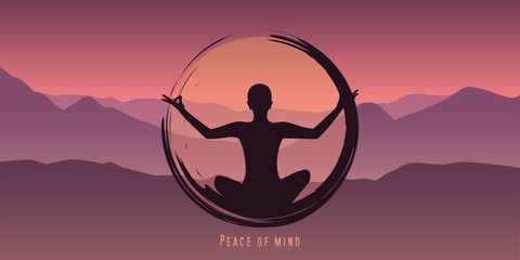 Wall Mural - peace of mind meditation concept silhouette with mountain background vector illustration EPS10