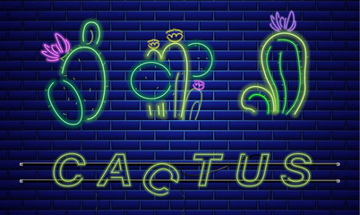 Wall Mural - Cactus neon sign Vector. Exotic summer decoration design posters