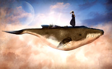 Surreal Flying Humpback Whale And A Woman On Top