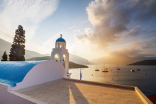 Greek Church With Sunrise In The Background