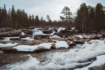 Wall Mural - landscape of the mountain river and the waterfall flowing between the snow-covered rocks and the for