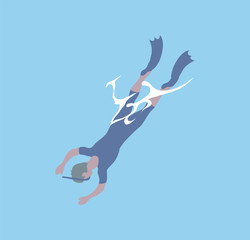 Diver in flippers and mask diving into deep sea waters, top view. Vector snorkeling man in protective swimsuit spend free time at summer. Active way of life