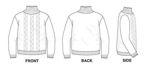 Isolated object of clothes and fashion stylish wear fill in blank shirt Cable Knit sweater. Front, back and side view