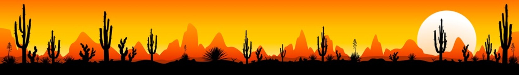 Panorama of the Mexican desert with cacti. Sunset in the Mexican desert. Silhouettes of stones, cacti and plants. Desert landscape with cacti. The stony desert