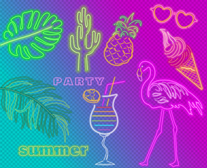 Wall Mural - Neon flamingo, cocktails and palm leaves summer tropic banner Vector. Night club poster label. Bright glowing signboards