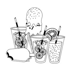 Poster - Lemonade and orange cups with ice cream cone and popsicle in black and white