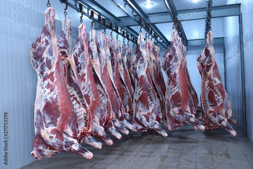 Cuadros en Lienzo market,animal,fresh,food,freezer,deep,raw,meat,beef,hanging,hooked,cold,storage,