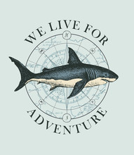 Vector Banner With Hand-drawn Shark On The Background Of Wind Rose And Old Map In Retro Style. Illustration On The Theme Of Travel, Adventure And Discovery With Words We Live For Adventure