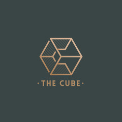 The Cube Abstract Vector Sign, Emblem or Logo Template. Letter C Incorporated in a Geometry Symbol with Typography. Golden on Dark Background