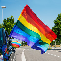 Poster - rainbow flag popping up from the window of a car.