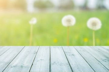 Wall Mural - Empty blue wooden table with blurred city park on background. concept party, products, summer background