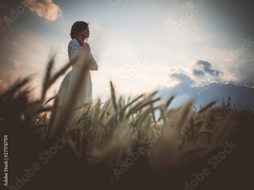 silhouette profile of a beautiful girl in a dress in the field enjoying the  sky during sunset, a young woman walking in nature, the concept of beauty  and harmony - Buy this
