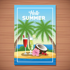 Hello summer card poster with cartoons