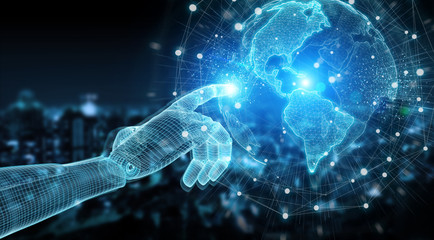 Fototapete - Wireframed blue robot hand touching digital world on dark background 3D rendering