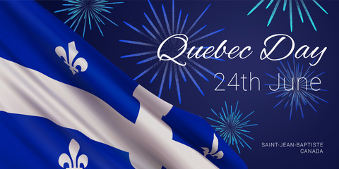 Quebec National Day (Saint-Jean-Baptiste Day), 24th June, vector banner design template with flag of Quebec province, fireworks and text on blue background.