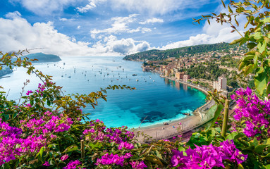 Wall Mural - Aerial view of French Riviera coast with medieval town Villefranche sur Mer, Nice region, France