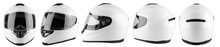 Set Collection Of White Motorcycle Carbon Integral Crash Helmet Isolated White Background. Motorsport Car Kart Racing Transportation Safety Concept