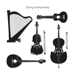 Set of stringed instruments on the white background.