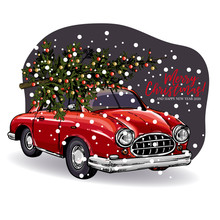 Hand Drawn Christmas Greeting Card. Vector Retro Red Car With Decorated Fir Tree On Top. Snowy Evening Forest. Xmas And New Year Greeting Card. Winter Seasonal Greetings, Party Celebration.