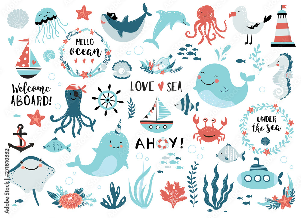 Under the sea set  cute whale, narwhal, ship, lighthouse, anchor, marine plants and wreaths, quotes and other.  Perfect for scrapbooking, greeting card, party invitation, poster, tag, sticker kit.  - obrazy, fototapety, plakaty 