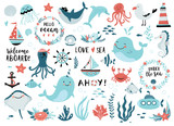 Under the sea set  cute whale, narwhal, ship, lighthouse, anchor, marine plants and wreaths, quotes and other.  Perfect for scrapbooking, greeting card, party invitation, poster, tag, sticker kit. 