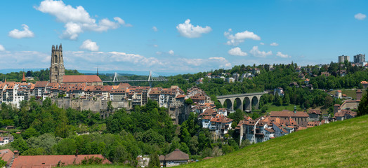 Poster - panorama view of the historic Swiss city of Fribourg with its old town and many bridges and cathedral