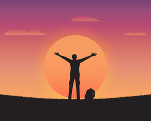 Wall Mural - Silhouette happy a man of sunset background