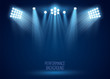 Floodlight, light projectors vector set for sports event, music show on the scene. Presentation, concert banner. Night entertainment, premiere poster. Club illumination for party, performance.