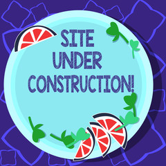 Fototapete - Handwriting text writing Site Under Construction. Concept meaning Implies something is being built for the first time Cutouts of Sliced Lime Wedge and Herb Leaves on Blank Round Color Plate