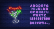 Margarita Neon Text, Drink Glass, Straw, Ice Cubes And Lime. Cocktail Bar Design. Night Bright Neon Sign, Colorful Billboard, Light Banner. Vector Illustration In Neon Style.