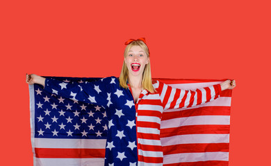 Make america great again! Independence Day. American flag. America. United states. USA. United states of America. US. July 4th. Summer. Happy woman covering by American flag.