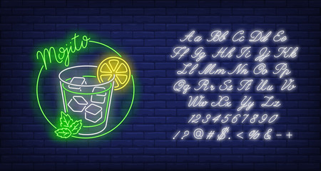 Aufkleber - Mojito neon text, drink glass, ice cubes, lemon and mint. Cocktail bar design. Night bright neon sign, colorful billboard, light banner. Vector illustration in neon style.