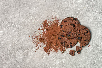 Tasty chocolate chip cookies with cocoa powder