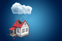 3d Rendering Of Little Detached House With Big Hole In Roof, Standing Under Rainy Cloud, On Blue Background With Copy Space.