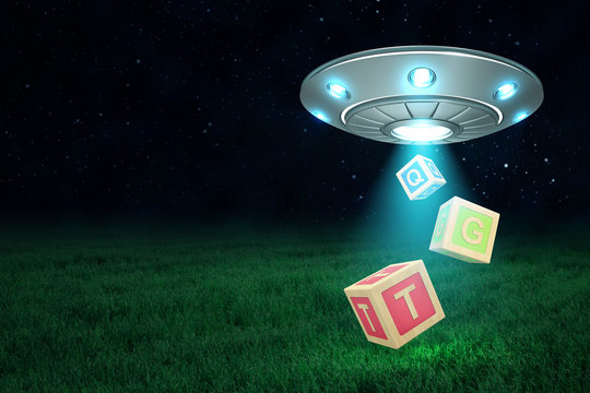 3d rendering of UFO in air at night with three ABC blocks falling out from its open hatch onto green grass.