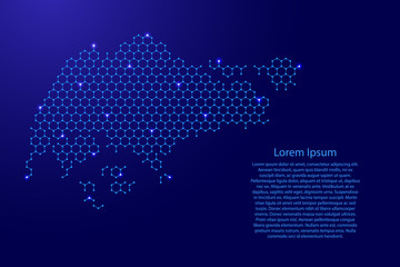 Fototapete - Singapore map from futuristic hexagonal shapes, lines, points  blue and glowing stars in nodes, form of honeycomb or molecular structure for banner, poster, greeting card. Vector illustration.