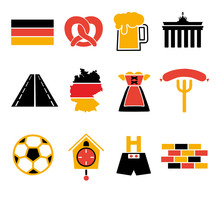 Vector Icons Set For Creating Infographics Related To Germany, Like Leather Trousers, Beer Mug, Pretzel, Dirndl Dress Or Soccer Ball In Tradional German Flag Colors Red, Gold And Black