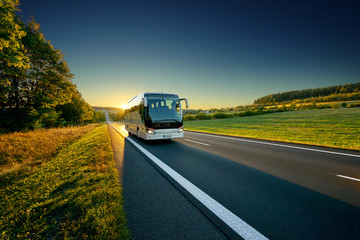 white bus traveling on the asphalt road around line of trees in rural landscape at sunset