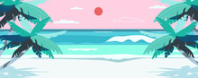 Vector Illustration Of A Beach And A Sea Coast Landscape. Creative Summer Banner Or Landing Page For Tour Operator Or Travel Agency. Summer Theme Background.