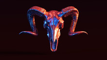 Silver Ram Skull With Red Blue Moody 80s Lighting Front 3d Illustration 3d Render