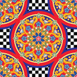 Seamless trendy bright background. Colorful ethnic round ornamental mandala on checkered pattern. Vector illustration