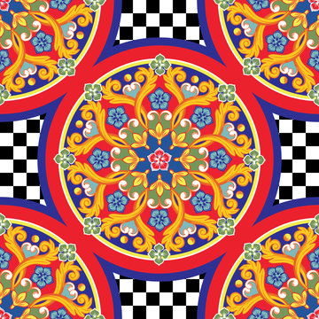 seamless trendy bright background. colorful ethnic round ornamental mandala on checkered pattern. ve