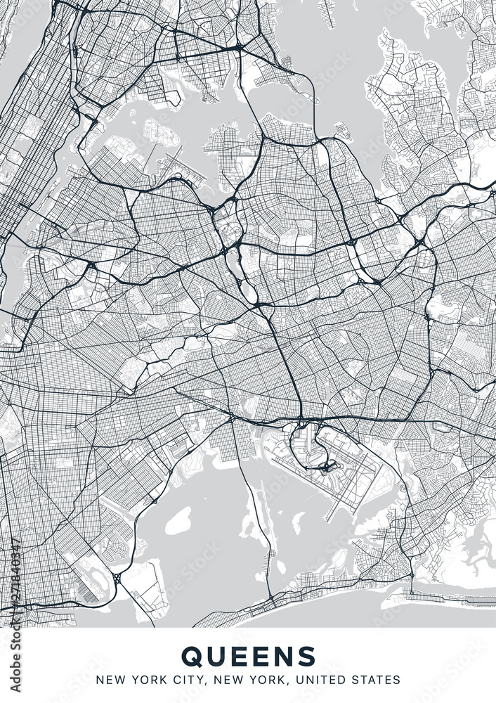 Queens map. Light poster with map of Queens borough (New York, United States). Highly detailed ...