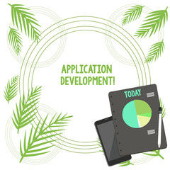 Writing note showing Application Development. Business concept for creation of Computer Apps for use on Mobile Devices Layout Smartphone Off Ballpoint Notepad Business Pie Chart
