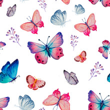 Seamless Pattern With Bright Watercolor Butterflies