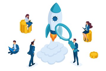 Poster - isometric concept of investing in startups, rocket launch, young entrepreneurs. concept for web desi